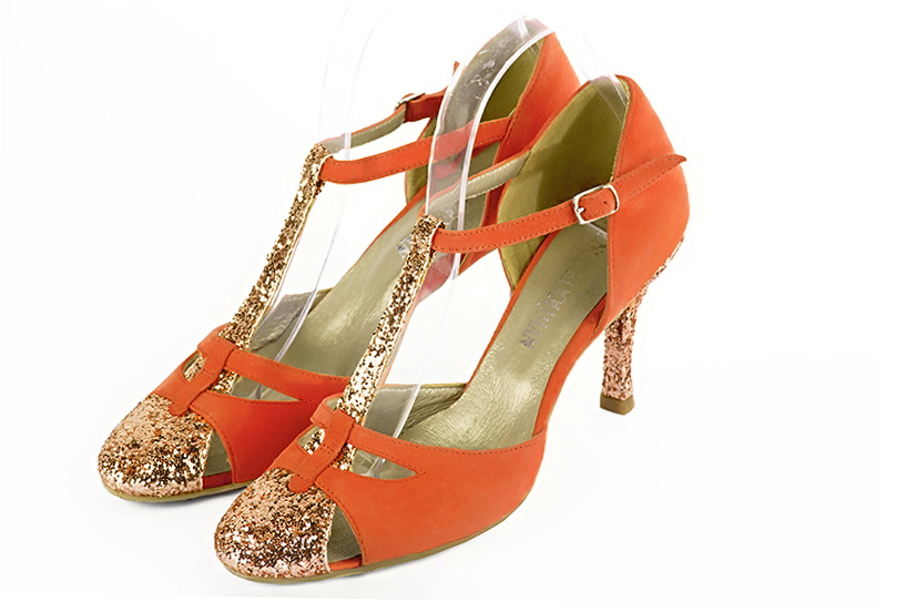 Copper gold and clementine orange women's T-strap open side shoes. Round toe. High slim heel. Front view - Florence KOOIJMAN